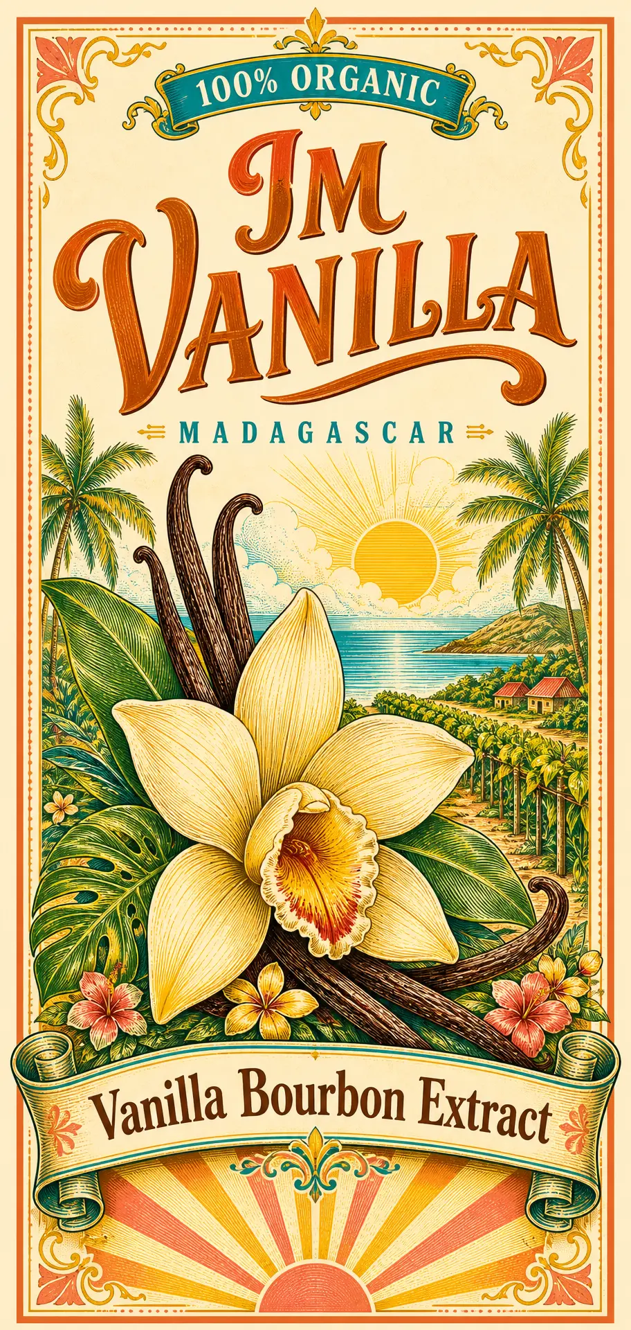 IM Vanilla Madagascar vintage poster with vanilla orchid, pods and palms